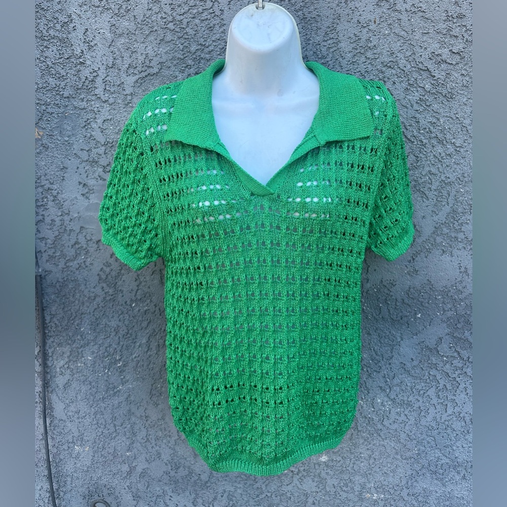 Kelly Green Women’s Mesh Crocheted Collared Top Blouse plus size XL